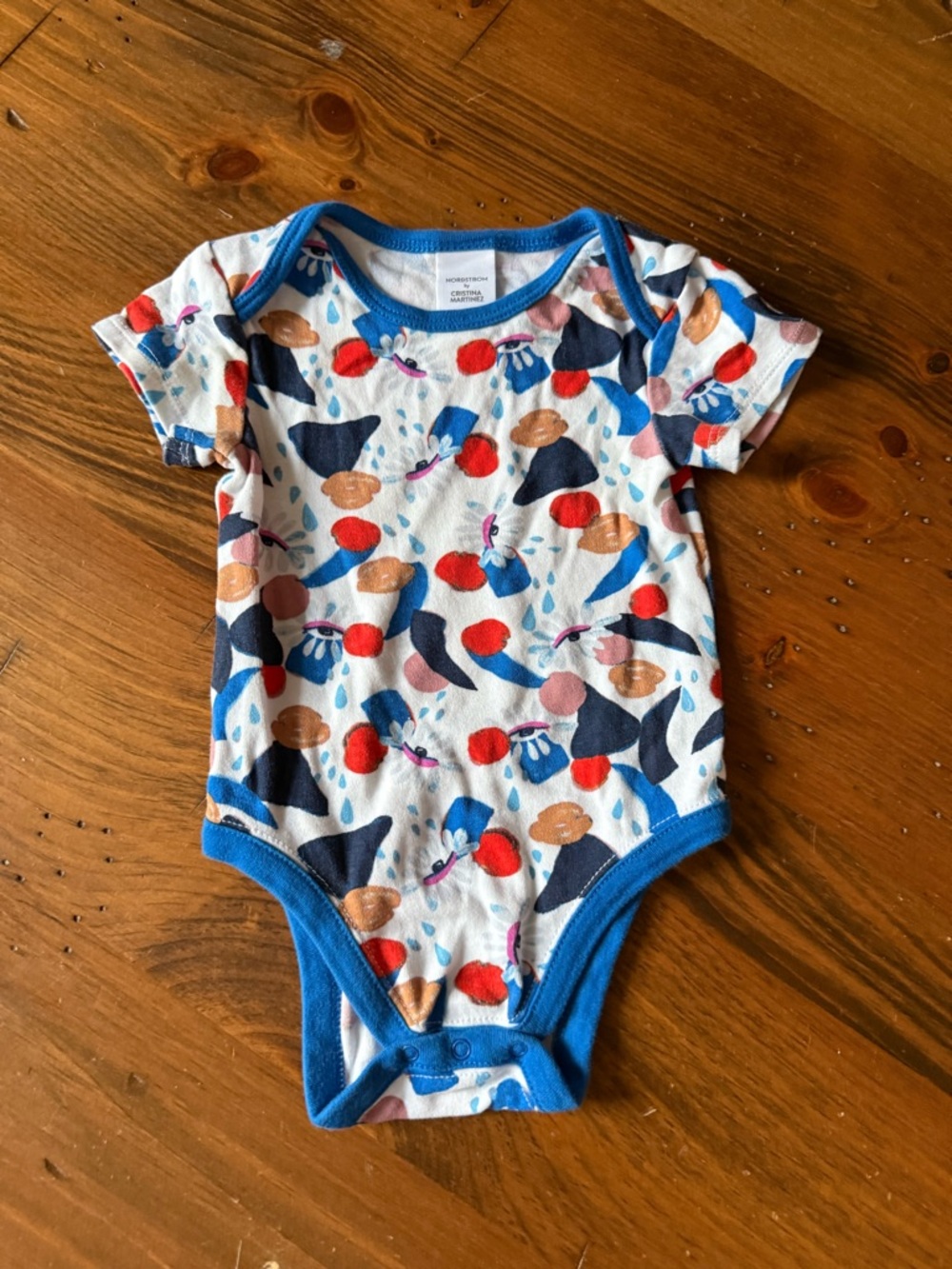 Nordstrom White Baby Bodysuit with Blue Trim and Multicolor Fruit Print